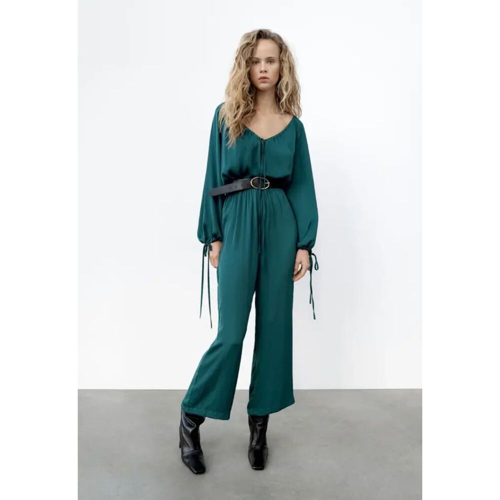 ZARA Satin Boho Style Jumpsuit Teal XS